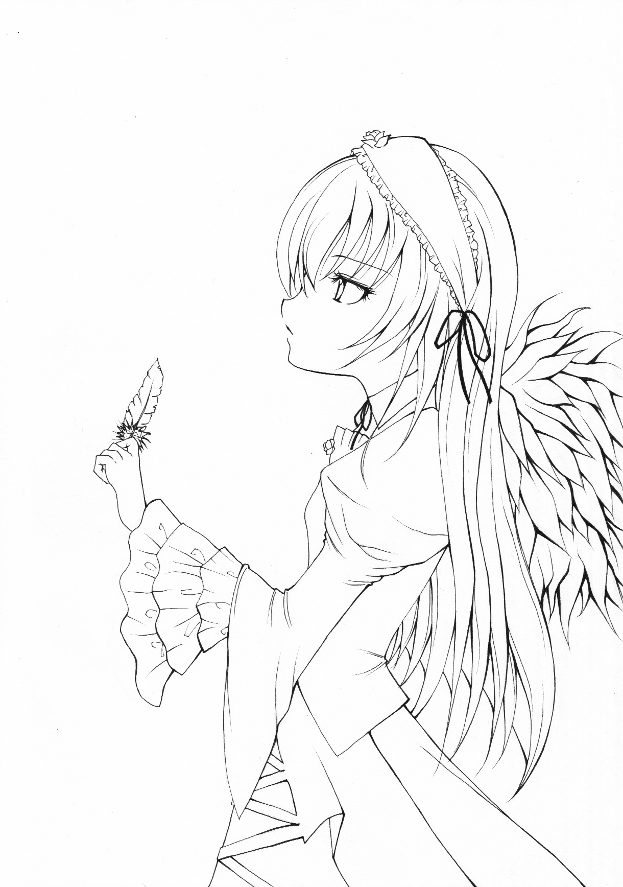 1girl bug butterfly dress eyebrows_visible_through_hair feathered_wings feathers frills from_side greyscale hairband image insect juliet_sleeves long_hair long_sleeves monochrome profile ribbon simple_background solo suigintou very_long_hair white_background wide_sleeves wings