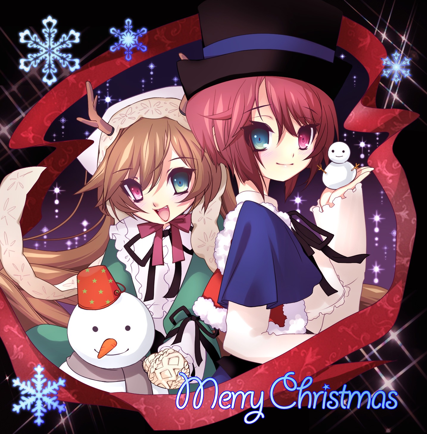 2girls antlers blue_eyes blush brown_hair christmas commentary_request dress fang hat heterochromia highres image long_hair merry_christmas mittens multiple_girls open_mouth pair red_eyes ribbon room603 rozen_maiden short_hair siblings sisters smile snowflakes snowman souseiseki suiseiseki top_hat twins very_long_hair