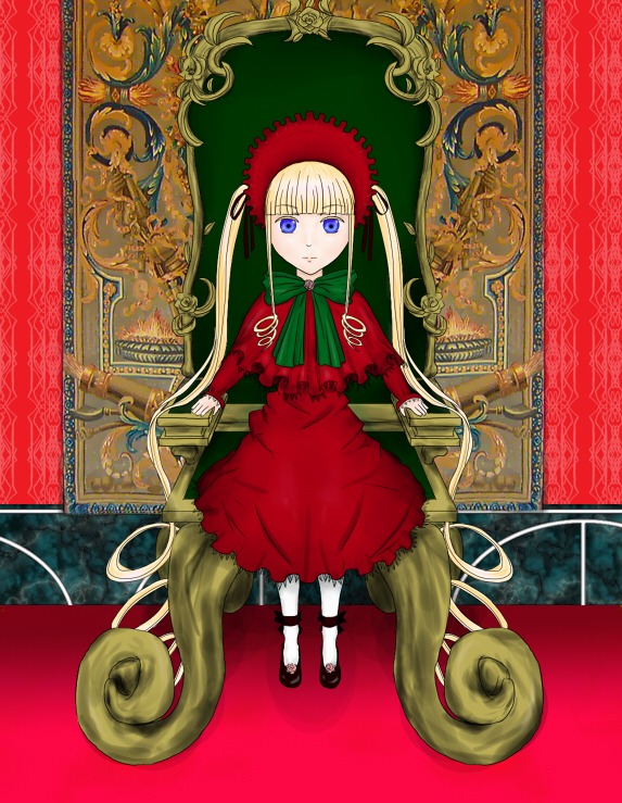 1girl blonde_hair blue_eyes bonnet bow bowtie cup dress full_body green_bow image long_hair looking_at_viewer pantyhose red_dress shinku shoes sitting solo twintails very_long_hair white_legwear