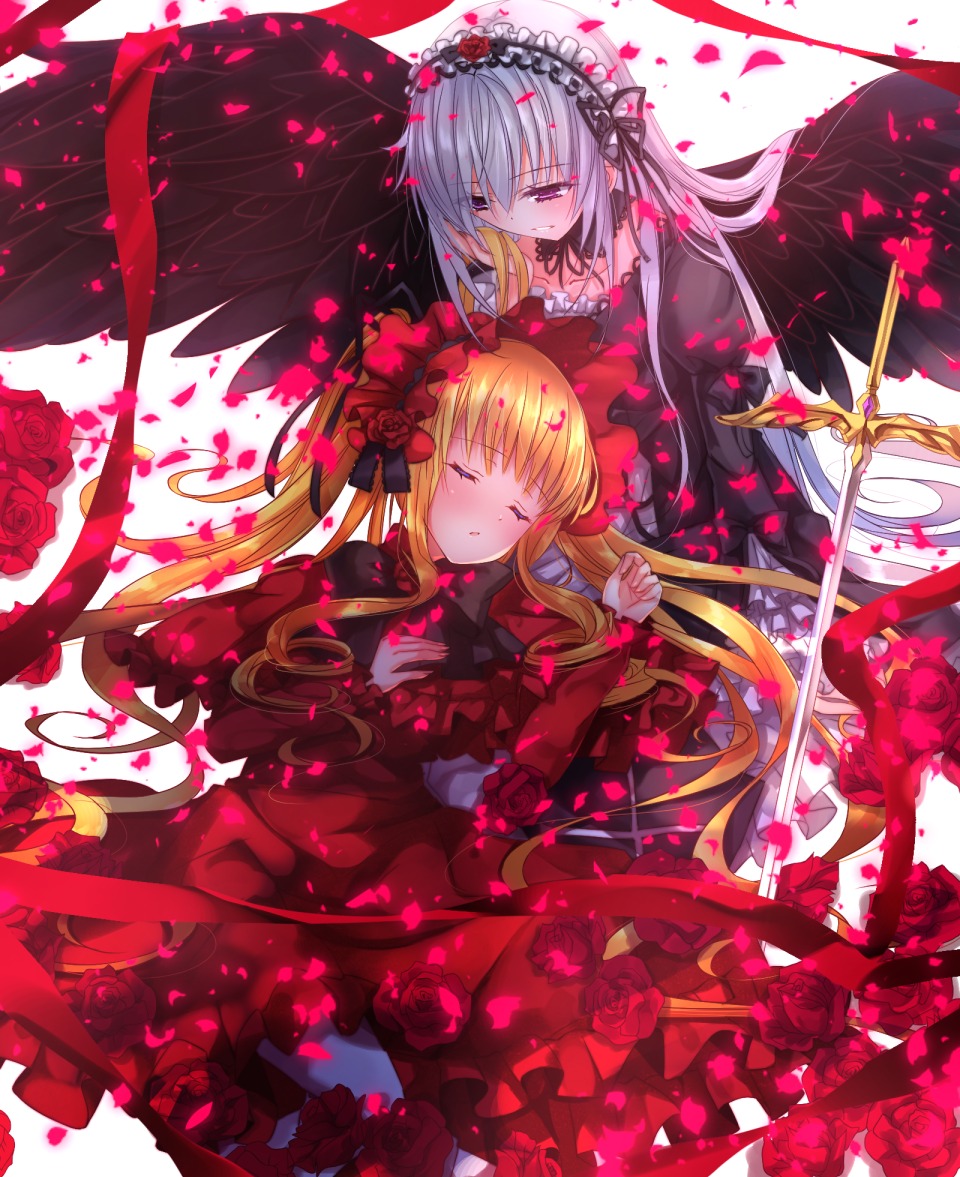 2girls bangs black_dress black_wings blonde_hair blush bow collarbone commentary_request cross curly_hair dress flower frills grey_hair hairband image lap_pillow lolita_fashion lolita_hairband long_hair multiple_girls pair petals purple_eyes red_eyes red_flower red_rose ribbon rose rose_petals rozen_maiden shinku silver_hair sleeping suigintou sword swordsouls twintails weapon wings yuri