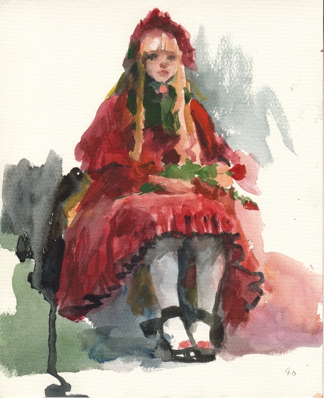 1girl dress image long_hair long_sleeves pantyhose photo red_hair shinku shoes sitting solo watercolor_(medium) white_legwear