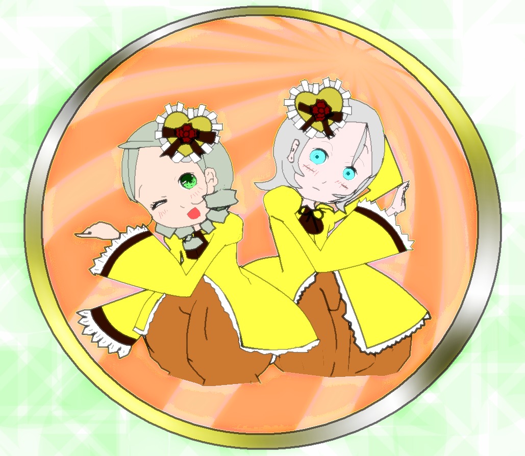 2girls green_eyes image kanaria komeiji_koishi multiple_girls one_eye_closed short_hair siblings silver_hair sisters smile solo