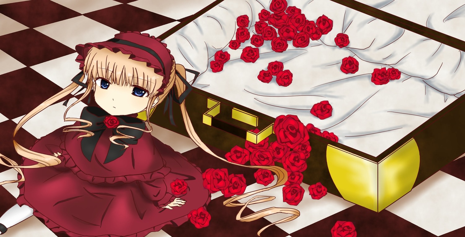 1girl argyle argyle_background blonde_hair blue_eyes board_game bow checkered checkered_background checkered_floor chess_piece flower image lolita_fashion long_hair perspective pink_rose red_flower red_rose rose shinku solo tile_floor tiles twintails