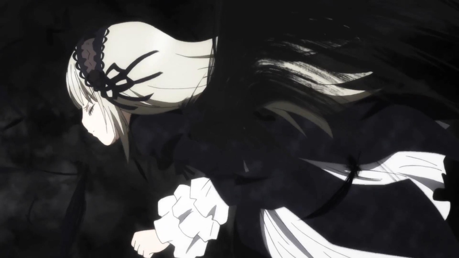 1girl black_dress black_ribbon dress frilled_sleeves frills hairband image long_hair long_sleeves profile ribbon silver_hair solo suigintou very_long_hair wings