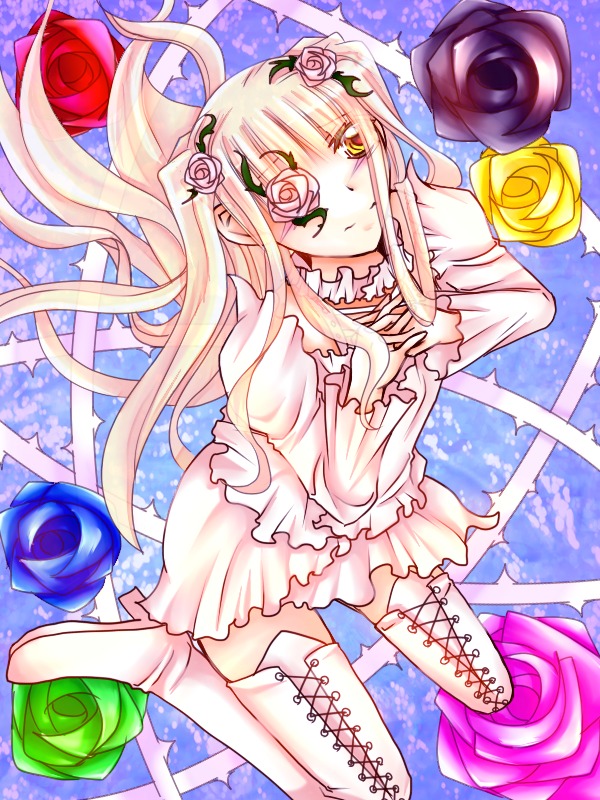 1girl blonde_hair blue_flower blue_rose boots bouquet dress flower image kirakishou long_hair orange_flower pink_flower pink_hair pink_rose purple_flower purple_rose red_flower red_rose rose solo thigh_boots thighhighs thorns vines white_rose yellow_eyes yellow_flower yellow_rose zettai_ryouiki