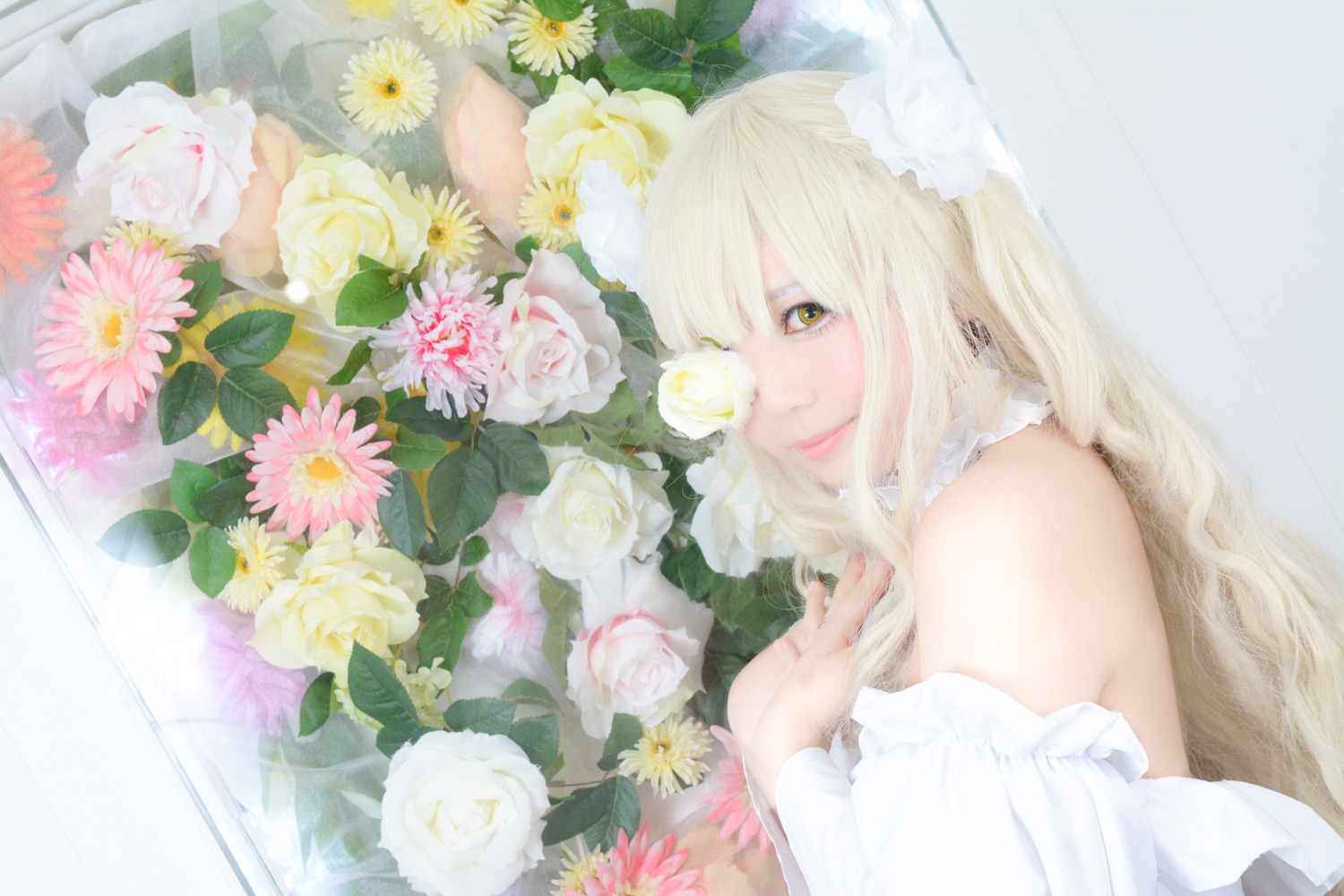 1girl animal_ears bare_shoulders blonde_hair bouquet dress flower kirakishou lily_(flower) lips long_hair looking_at_viewer pink_flower solo white_flower white_rose yellow_eyes