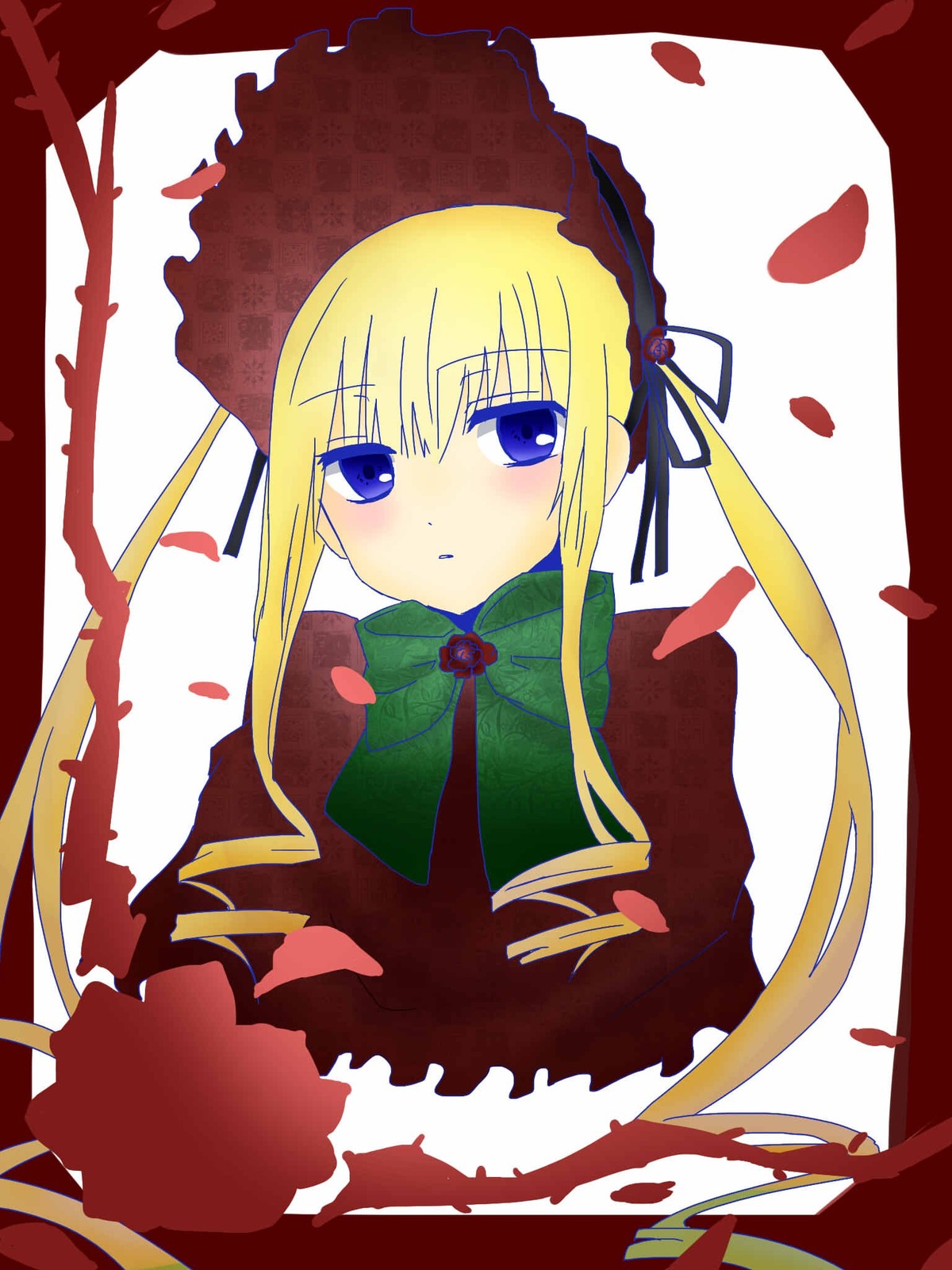 1girl :o blonde_hair blue_eyes blush bonnet bow bowtie dress flower image long_hair long_sleeves looking_at_viewer parted_lips petals rose rose_petals shinku sidelocks solo twintails upper_body