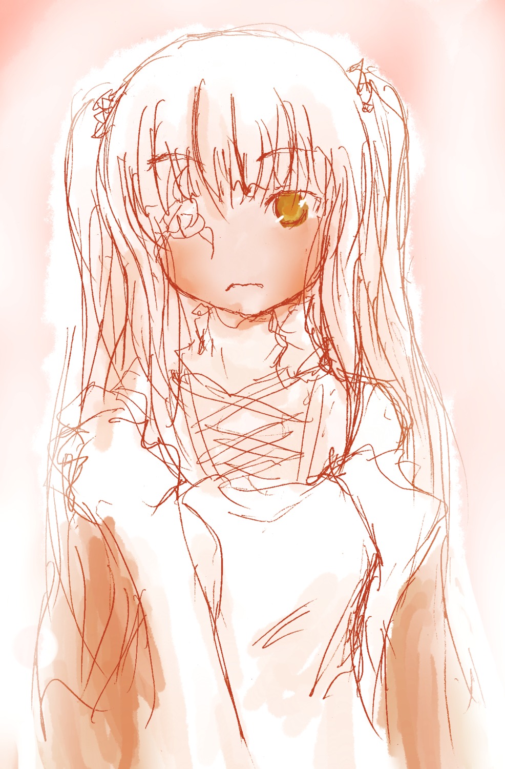 1girl bare_shoulders blush closed_mouth dress frown image kirakishou long_hair looking_at_viewer monochrome sketch solo striped two_side_up upper_body wavy_mouth