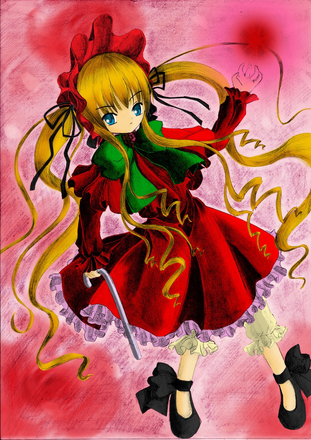 1girl auto_tagged blonde_hair bloomers blue_eyes bonnet bow bowtie dress frills full_body image long_hair long_sleeves looking_at_viewer marker_(medium) red_dress shinku shoes sidelocks solo standing traditional_media twintails underwear