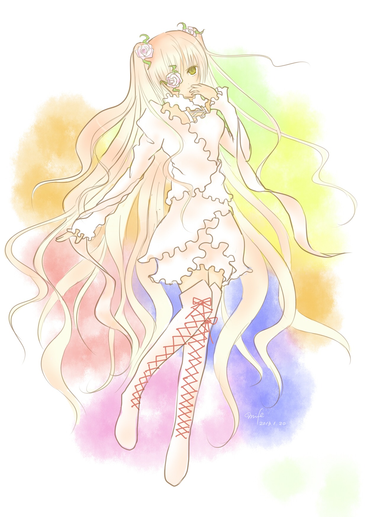 1girl blonde_hair boots cross-laced_footwear dress flower frills full_body gradient_hair hair_flower hair_ornament image kirakishou knee_boots long_hair long_sleeves multicolored_hair pink_hair rose solo thigh_boots thighhighs two_side_up very_long_hair white_dress yellow_eyes