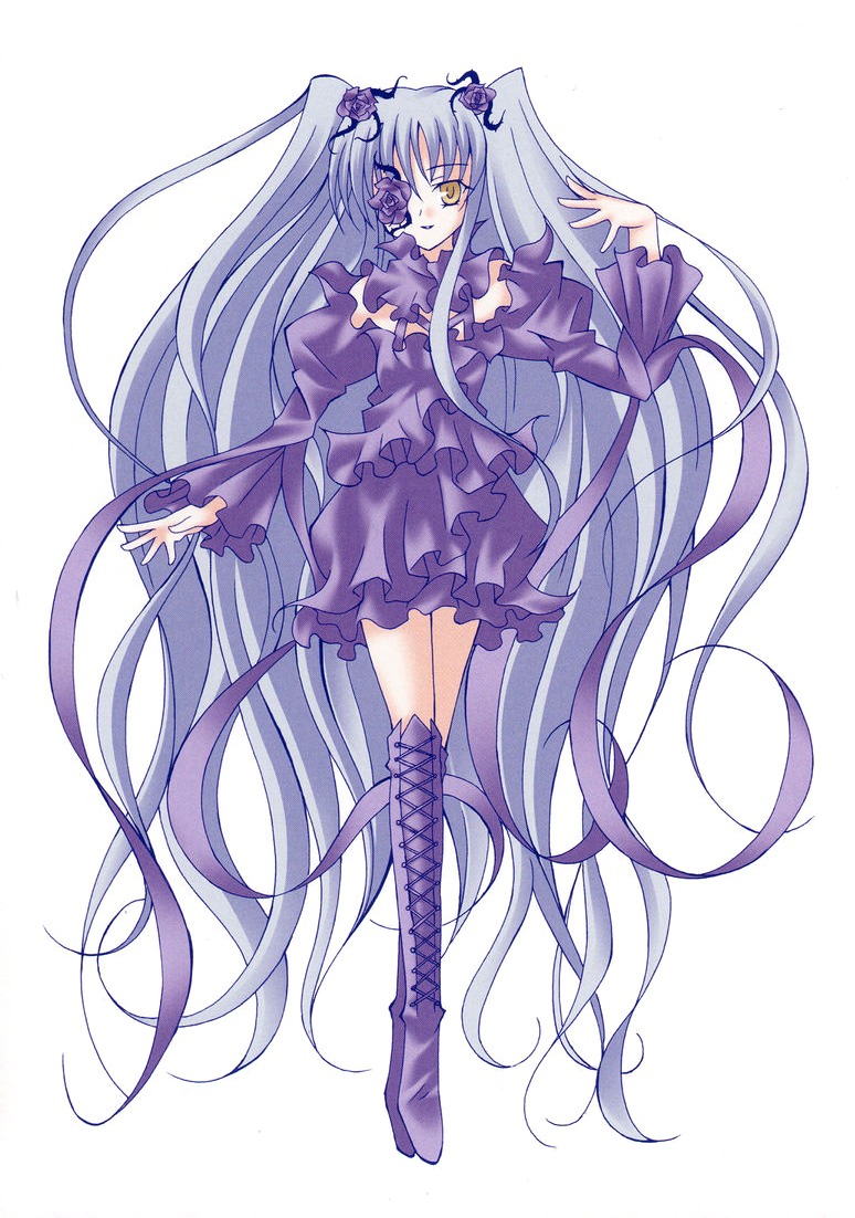 1girl boots cross-laced_footwear dress eyepatch flower frills full_body hair_ornament image kirakishou knee_boots long_hair long_sleeves purple_dress solo striped twintails very_long_hair yellow_eyes