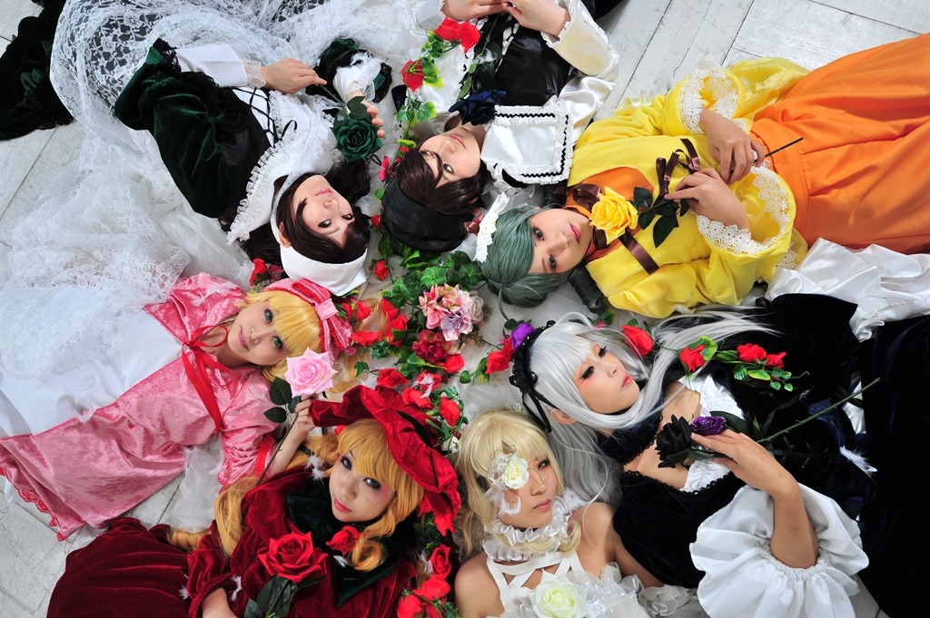 6+girls beret black_hair blonde_hair bow brown_hair dress flower hat long_hair multiple_cosplay multiple_girls rose tagme