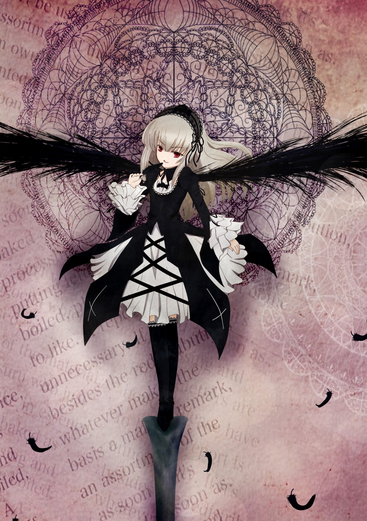 1girl boots dress feathers flower frills full_body hairband image long_hair long_sleeves looking_at_viewer red_eyes ribbon rose silver_hair solo standing suigintou very_long_hair wings