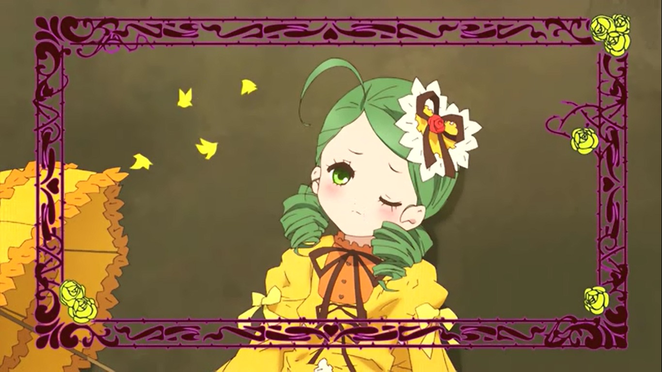 1girl ahoge bug butterfly card_(medium) dress drill_hair flower green_eyes green_hair gun hair_ornament image insect kanaria one_eye_closed ribbon solo twin_drills twintails weapon