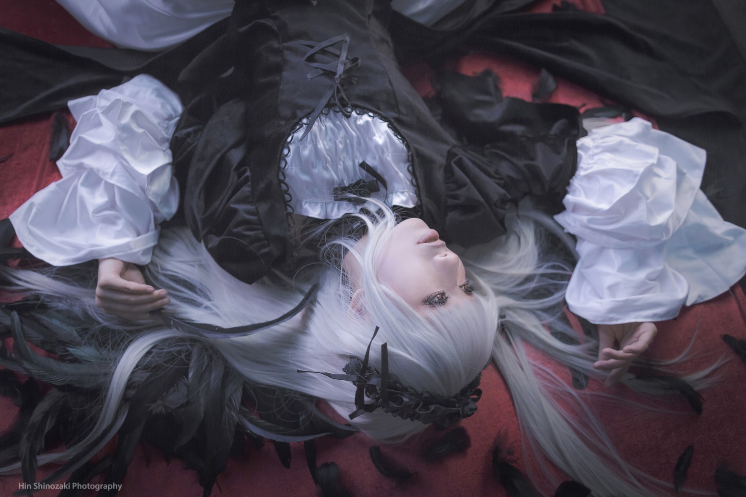 1girl bangs closed_mouth dress feathers frills hairband long_hair long_sleeves silver_hair solo suigintou very_long_hair wide_sleeves