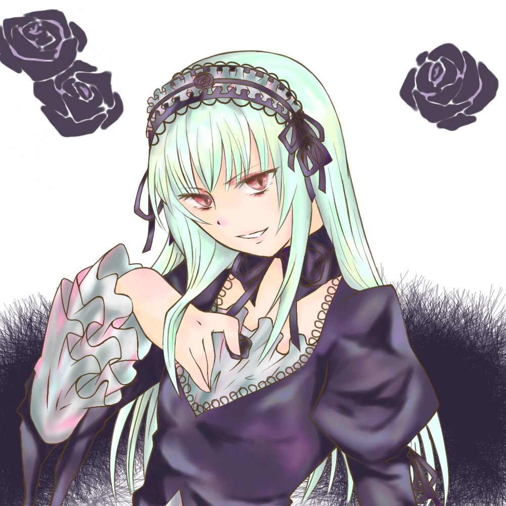 1girl black_flower black_rose blue_flower blue_rose dress flower frills hairband image juliet_sleeves long_hair long_sleeves looking_at_viewer pink_rose purple_flower purple_rose red_eyes red_rose rose solo suigintou