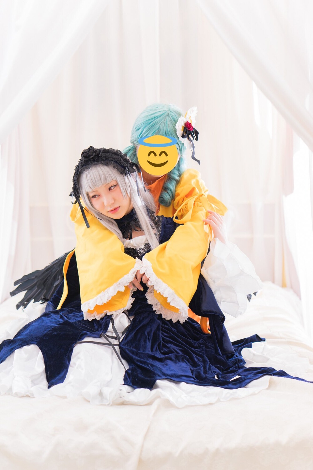 1girl dress frills hairband long_hair long_sleeves multiple_cosplay silver_hair sitting solo suigintou tagme