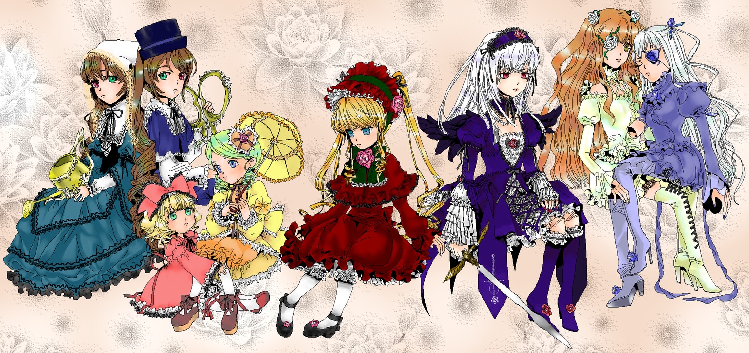 6+girls blonde_hair blue_eyes boots bow brown_hair dress flower frills green_eyes hairband hat hina_ichigo image kanaria long_hair multiple multiple_girls pink_bow red_dress red_eyes shinku siblings silver_hair sisters smile souseiseki suigintou suiseiseki tagme thighhighs twins twintails two_side_up wings