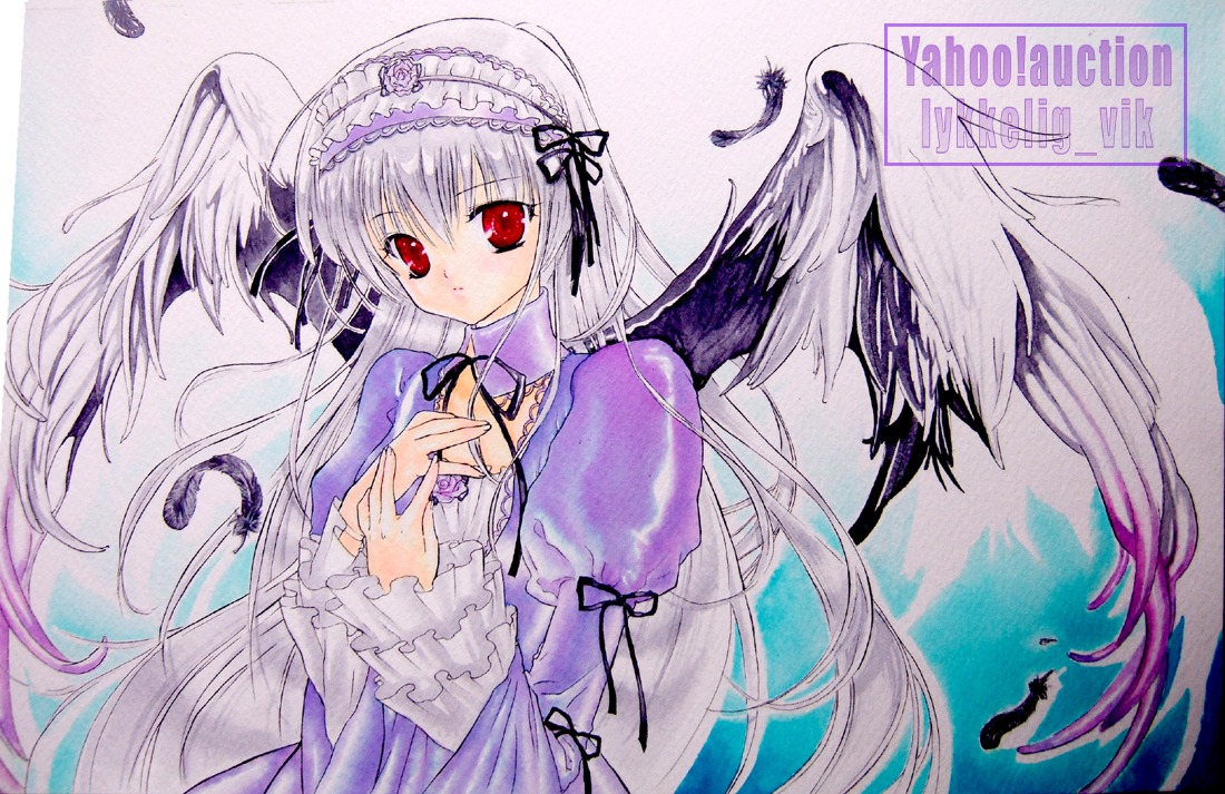 1girl detached_collar dress feathers flower frilled_sleeves frills hairband image juliet_sleeves long_hair long_sleeves looking_at_viewer puffy_sleeves red_eyes ribbon silver_hair solo suigintou upper_body very_long_hair wings