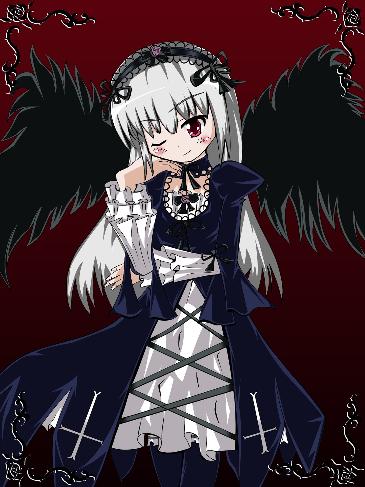 1girl ;) black_wings dress flower frills hairband image lolita_fashion long_hair long_sleeves looking_at_viewer one_eye_closed puffy_sleeves rose silver_hair smile solo suigintou wings