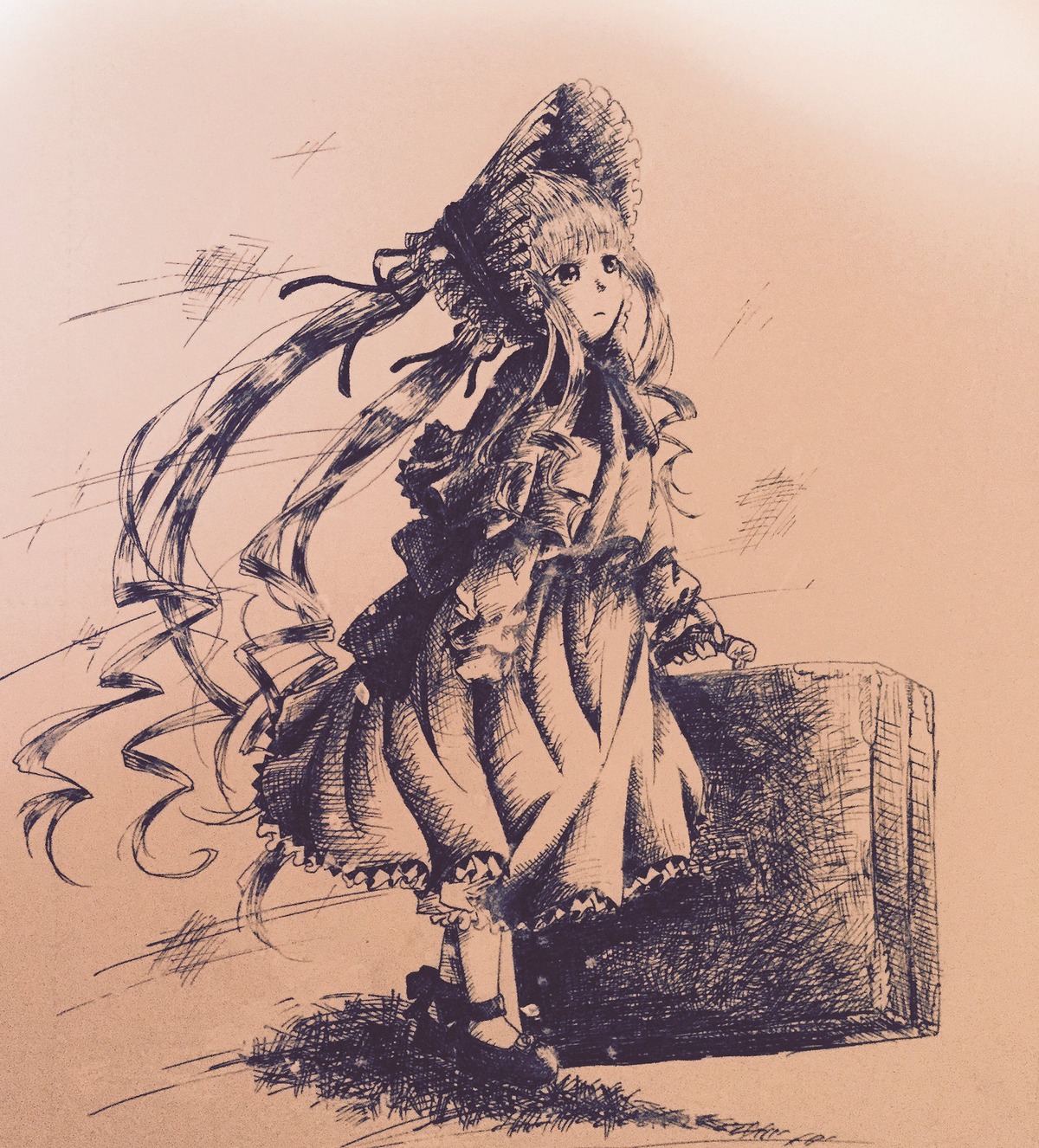 1girl brown_theme dated dress image long_hair long_sleeves monochrome shinku solo standing traditional_media twintails very_long_hair