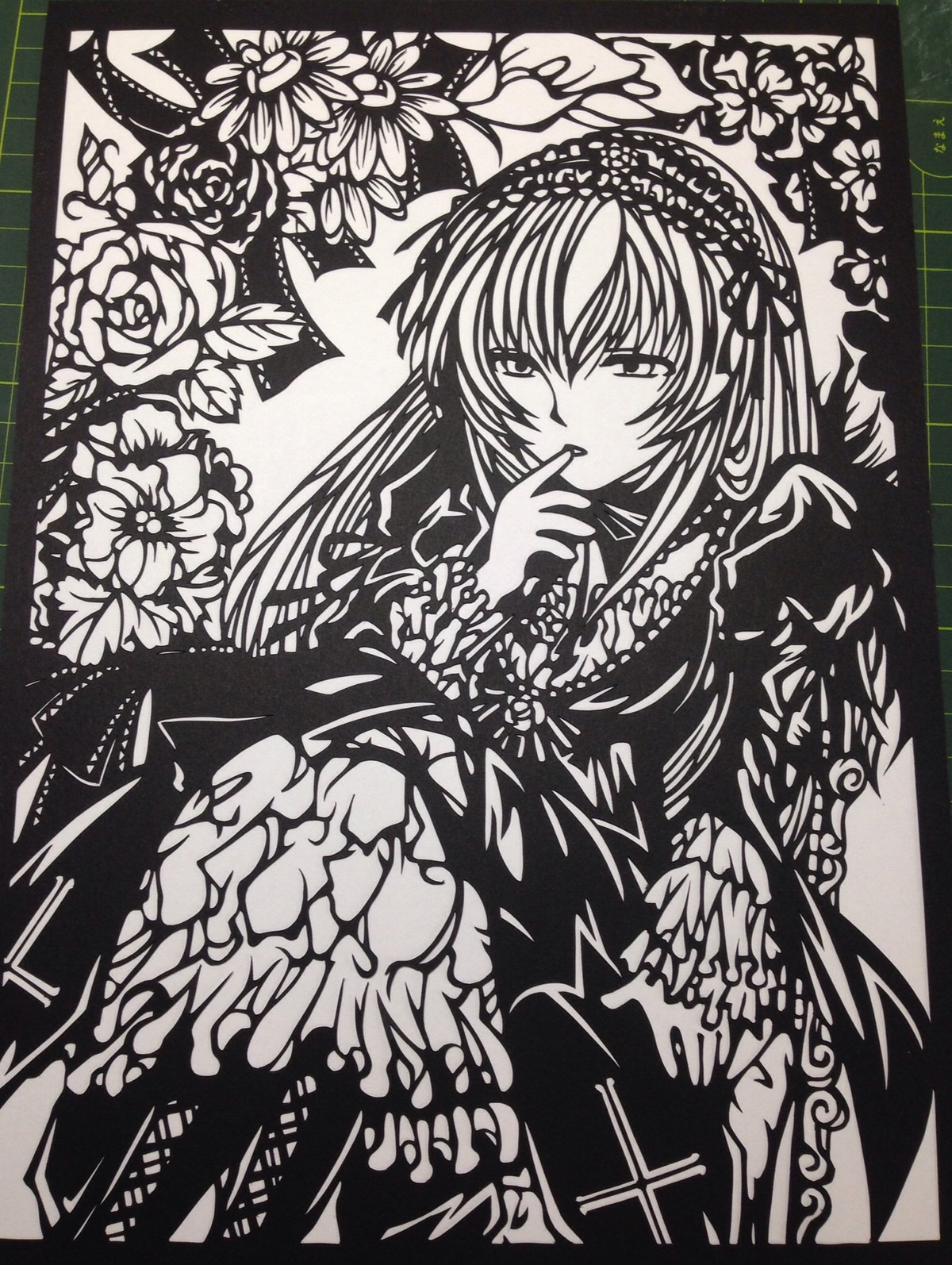 1girl dress flower frills greyscale hairband image long_hair long_sleeves looking_at_viewer monochrome rose solo suigintou wings