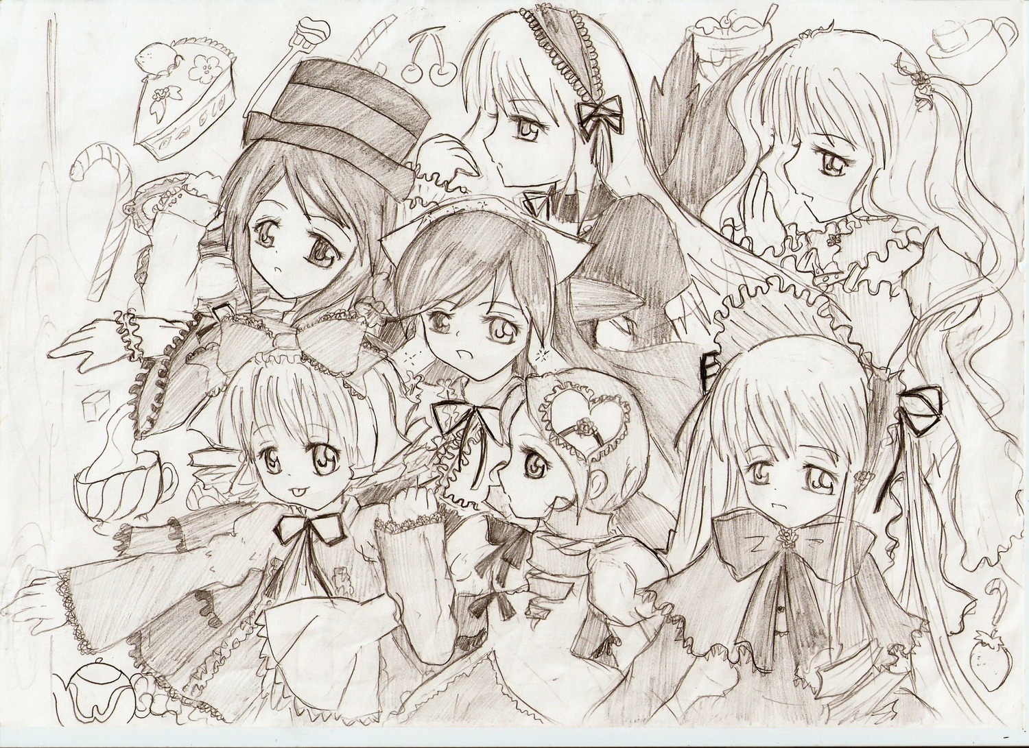 6+girls bonnet bow dress frills hairband hat hina_ichigo image kanaria long_hair long_sleeves looking_at_viewer monochrome multiple multiple_girls shinku short_hair siblings simple_background sisters souseiseki suigintou suiseiseki tagme top_hat twins twintails very_long_hair wings