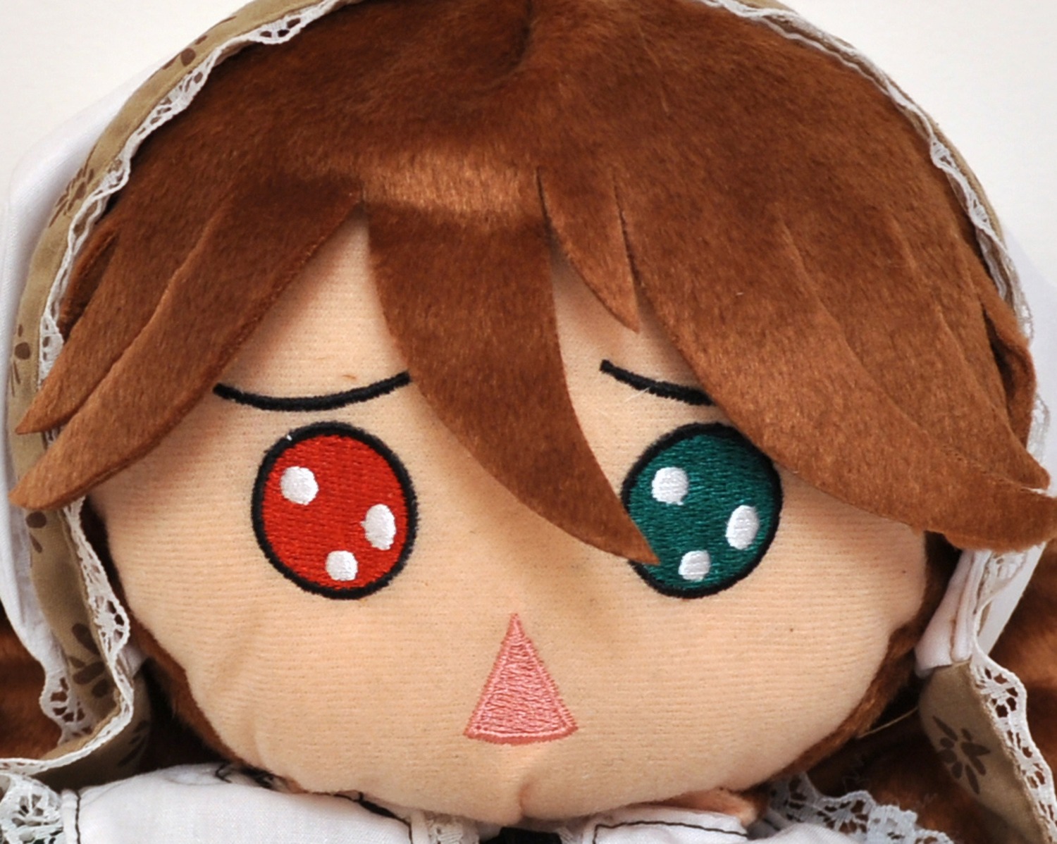 1girl :d brown_hair doll face hair_between_eyes looking_at_viewer open_mouth red_eyes signature smile solo suiseiseki