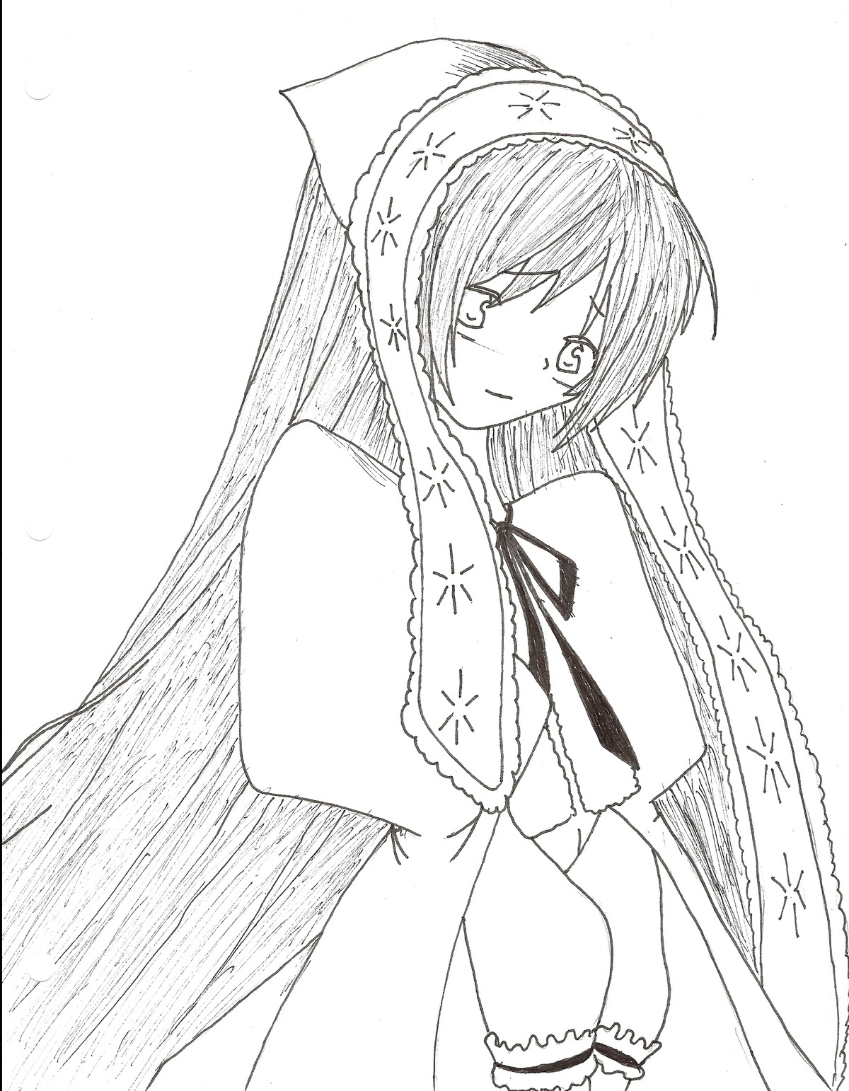 1girl blush dress frills greyscale hairband image long_hair long_sleeves looking_at_viewer monochrome ribbon solo suiseiseki tears very_long_hair white_background