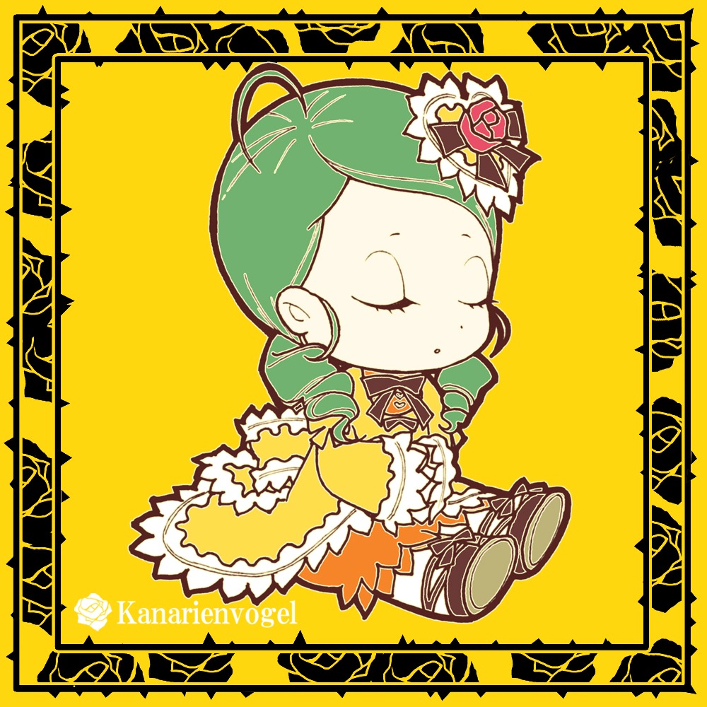 1girl ahoge auto_tagged border chibi closed_eyes dress flower green_hair hair_ornament image kanaria rose simple_background solo yellow_background yellow_theme