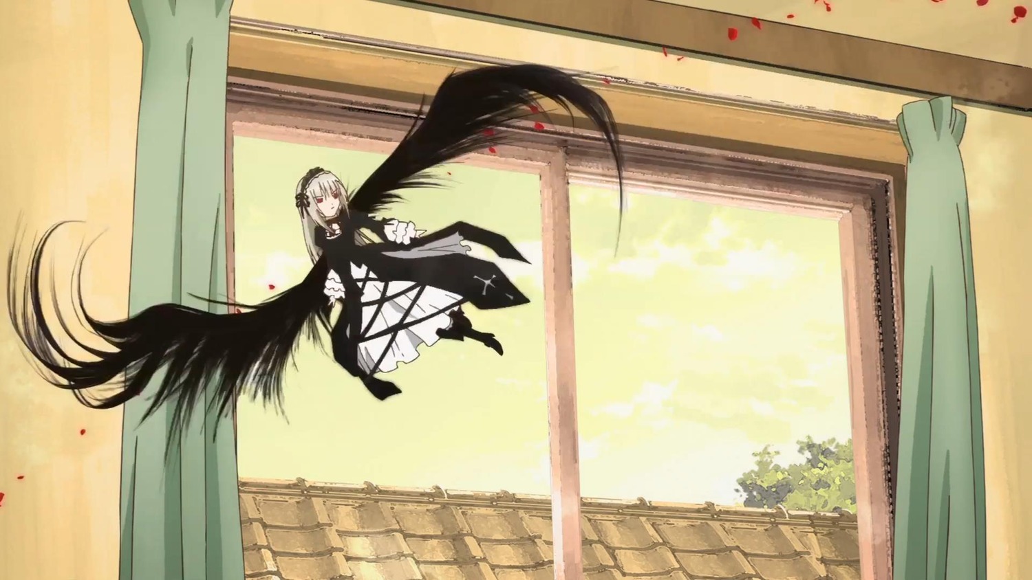 1girl black_wings curtains dress feathered_wings flower hairband image long_hair long_sleeves ribbon solo suigintou very_long_hair window wings