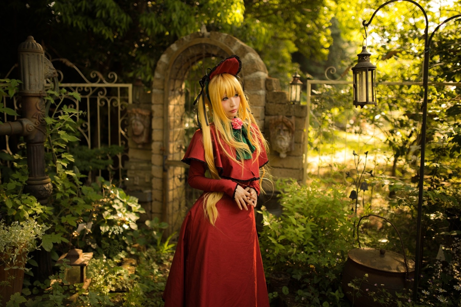 1girl blonde_hair bonnet dress flower long_hair long_sleeves plant red_dress shinku solo standing tree