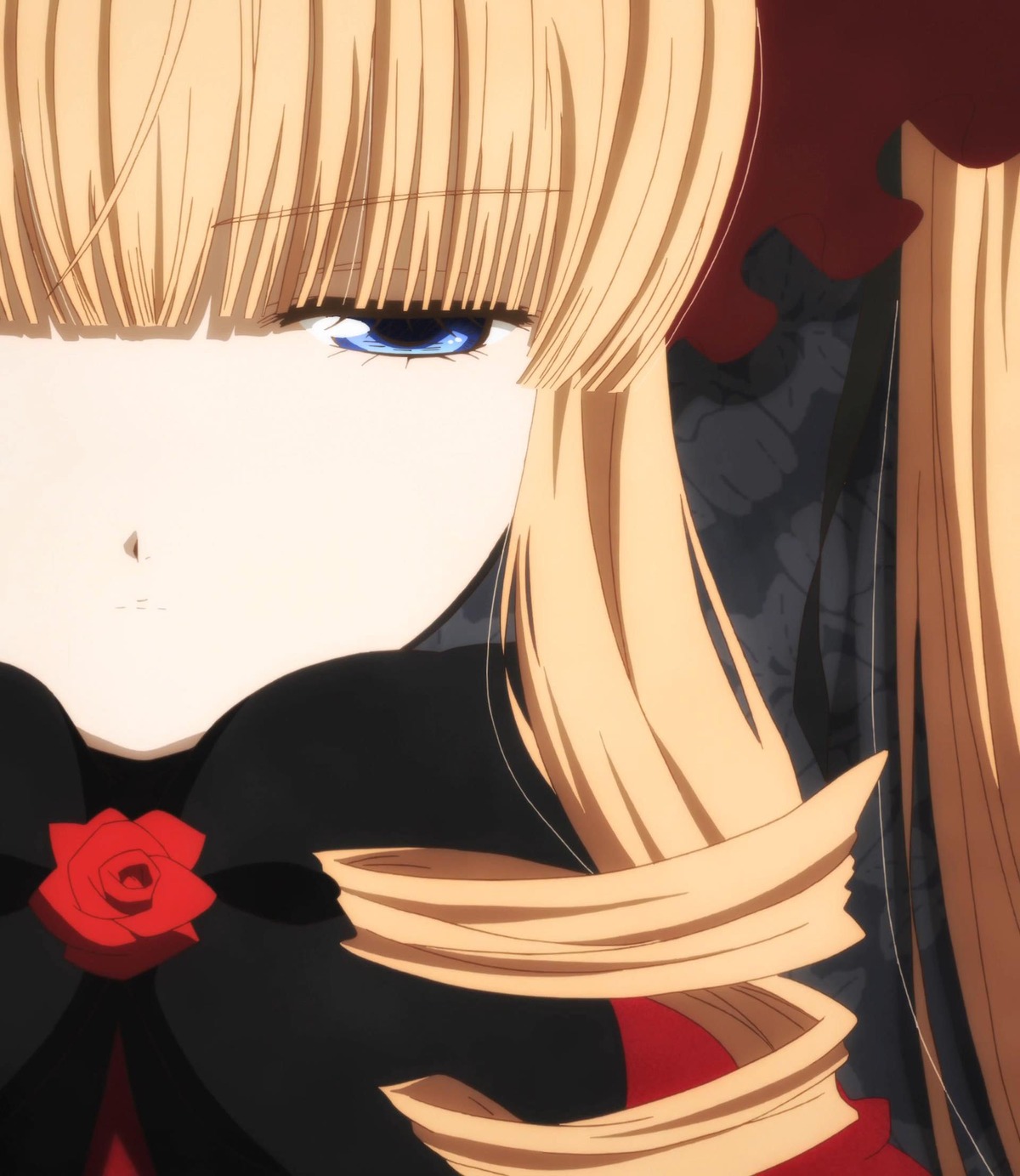 1girl bangs blonde_hair blue_eyes drill_hair face flower hat image long_hair red_flower red_rose rose shinku solo