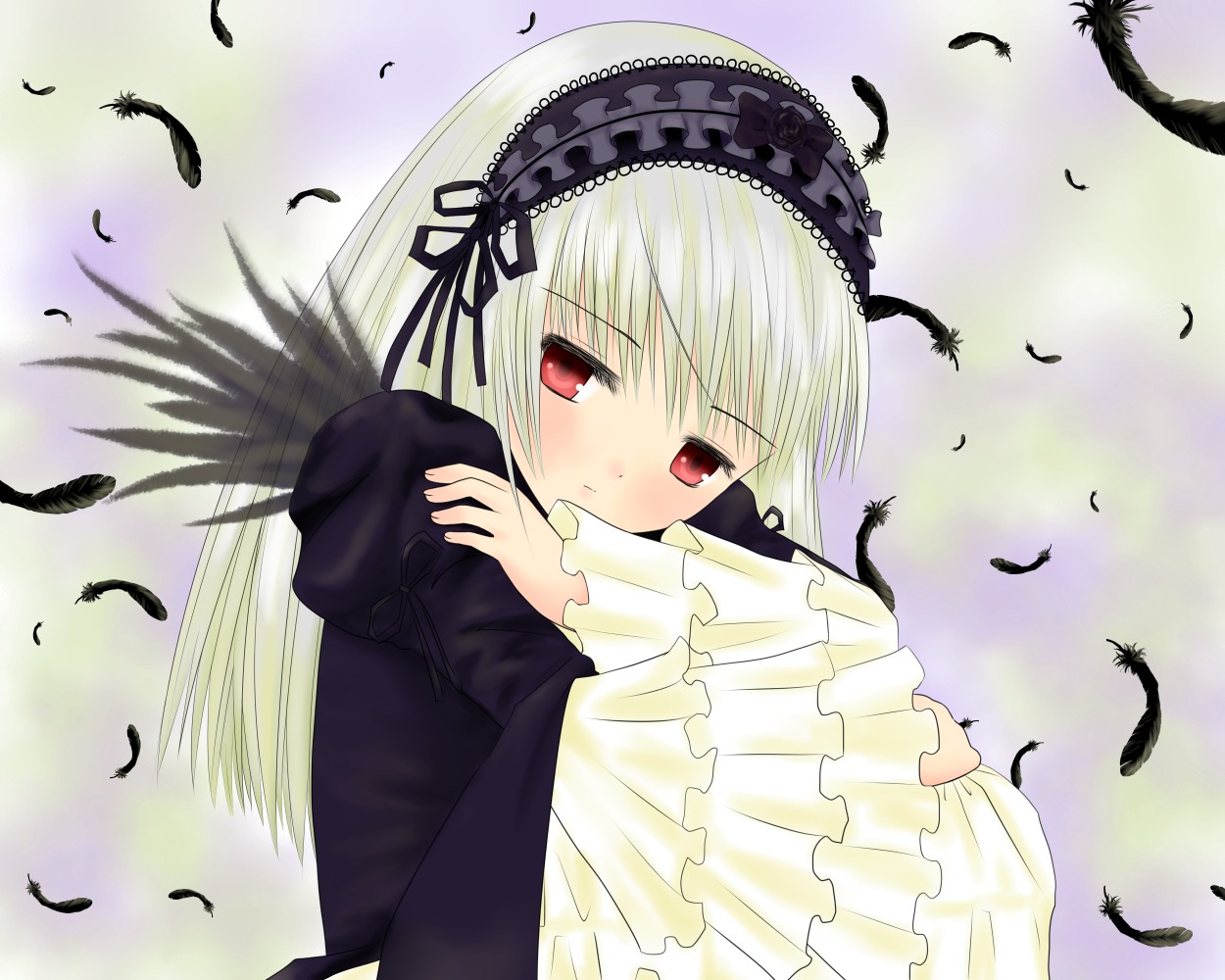 1girl angel_wings bangs bird bird_on_hand bird_on_head black_feathers black_wings blush crow dove dress eyebrows_visible_through_hair feathered_wings feathers flock flower frilled_sleeves frills hairband image juliet_sleeves lolita_hairband long_hair long_sleeves looking_at_viewer red_eyes ribbon rose seagull sky solo suigintou white_feathers white_wings wings