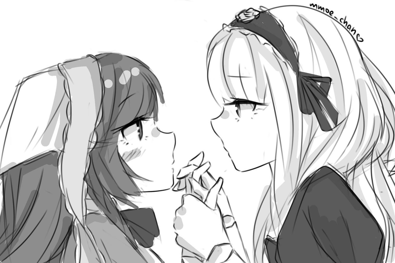 2girls bangs blush closed_mouth eye_contact eyebrows_visible_through_hair from_side greyscale hairband holding_hands image interlocked_fingers long_hair looking_at_another monochrome multiple_girls pair profile sketch suigintou suiseiseki tears white_background yuri