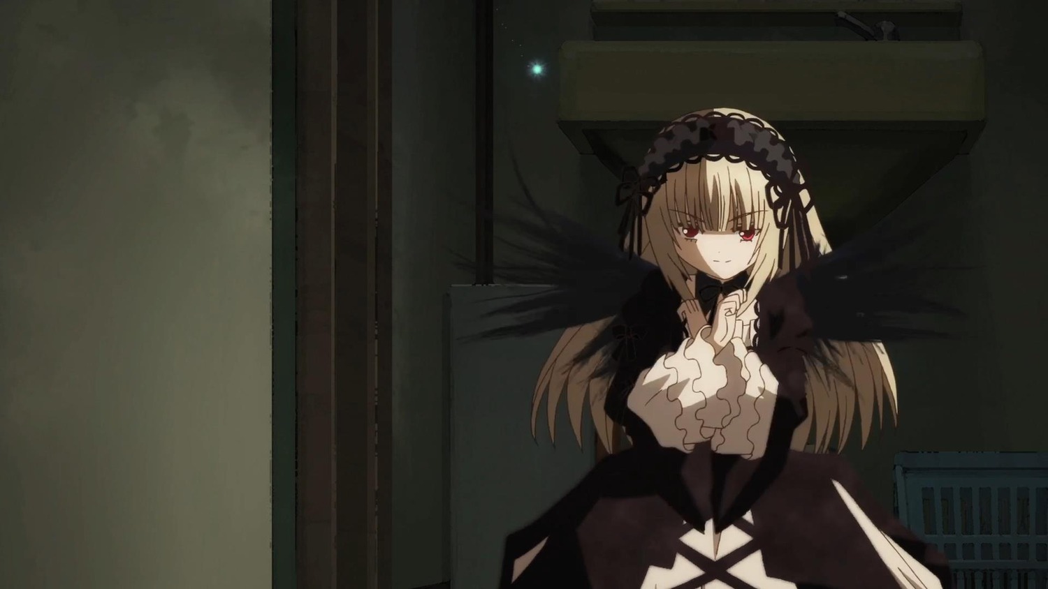 1girl black_ribbon blonde_hair dress hairband image long_hair long_sleeves looking_at_viewer red_eyes ribbon solo suigintou very_long_hair wings