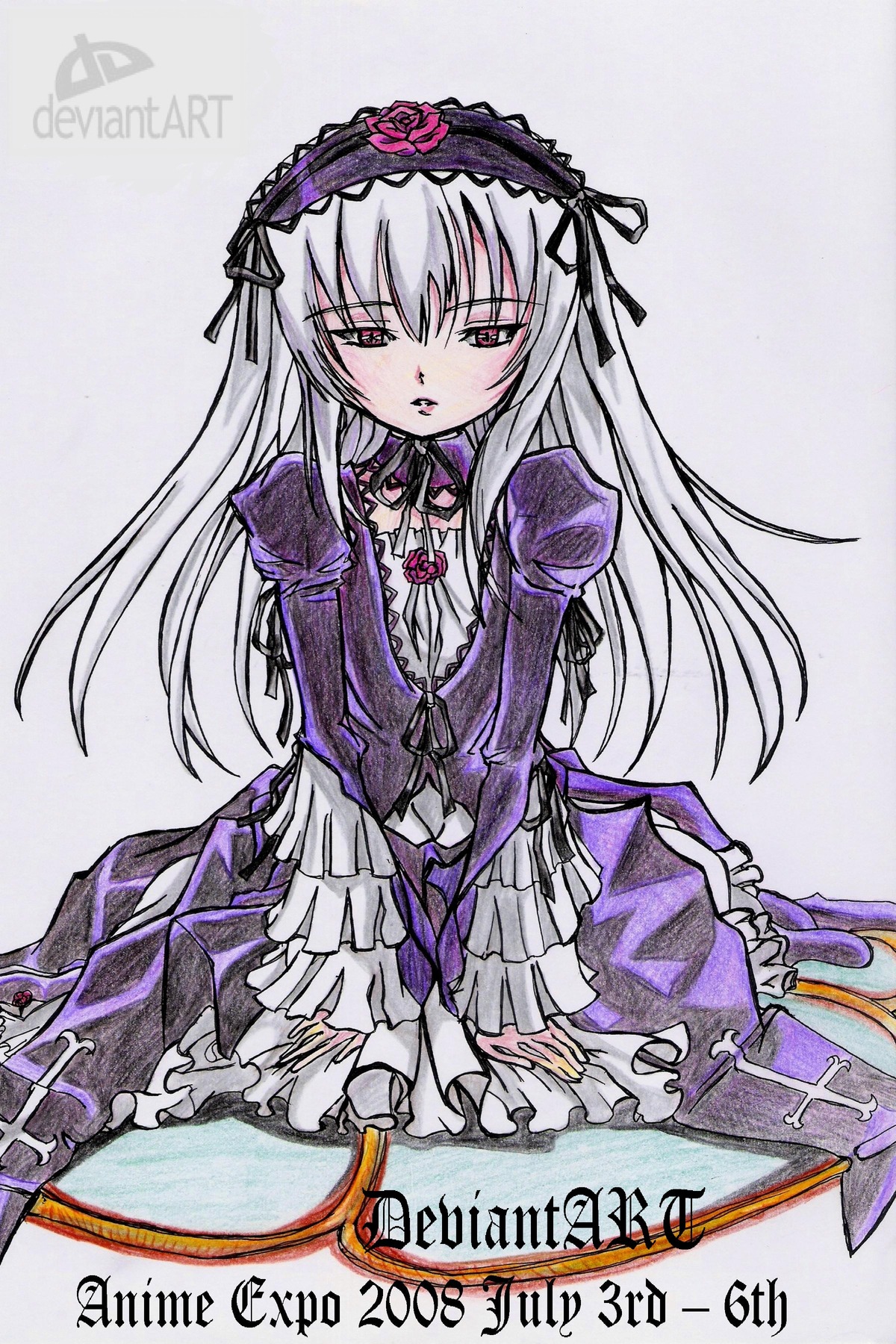 1girl dress frills hairband image juliet_sleeves long_hair long_sleeves looking_at_viewer puffy_sleeves silver_hair sitting solo suigintou wings