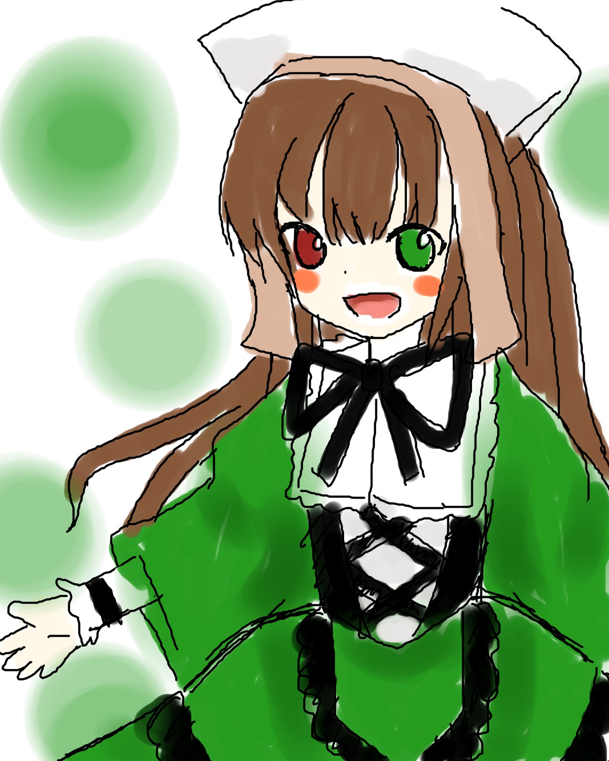 1girl :d brown_hair dress green_dress green_eyes head_scarf heterochromia image long_hair long_sleeves looking_at_viewer open_mouth red_eyes smile solo suiseiseki very_long_hair