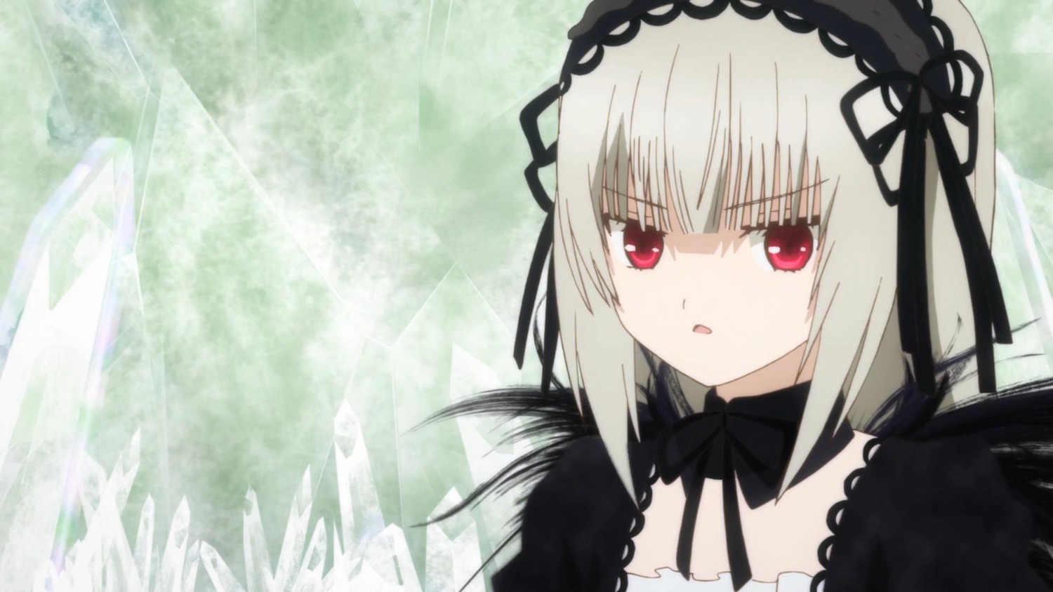 1girl bangs black_dress black_ribbon detached_collar dress eyebrows_visible_through_hair hairband long_hair looking_at_viewer open_mouth red_eyes ribbon silver_hair solo suigintou