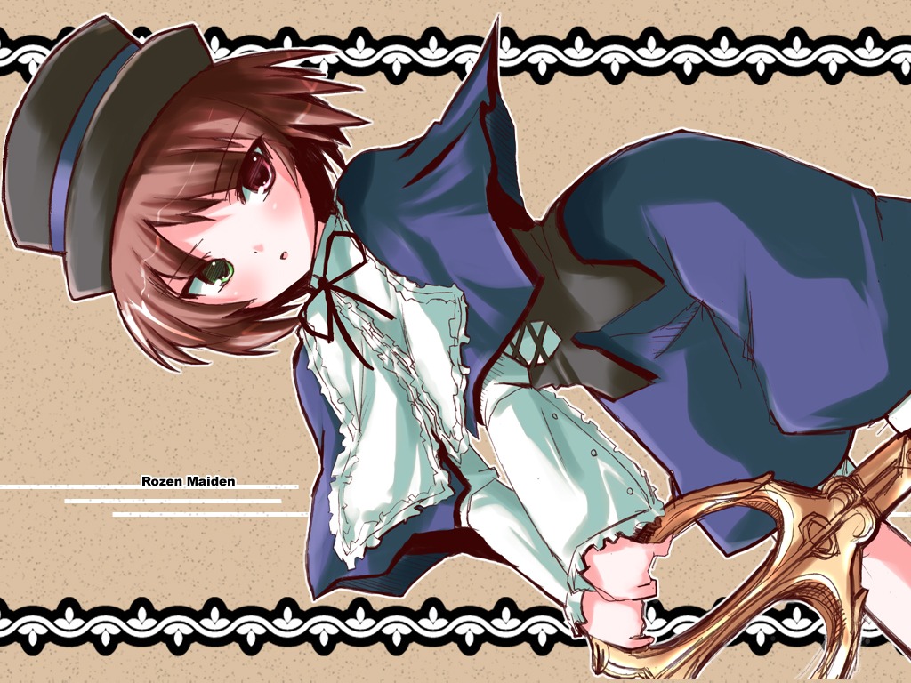 1girl blue_dress blush brown_hair capelet copyright_name dress green_eyes hat heterochromia image long_sleeves looking_at_viewer red_eyes ribbon rozen_maiden shinshin short_hair solo souseiseki top_hat