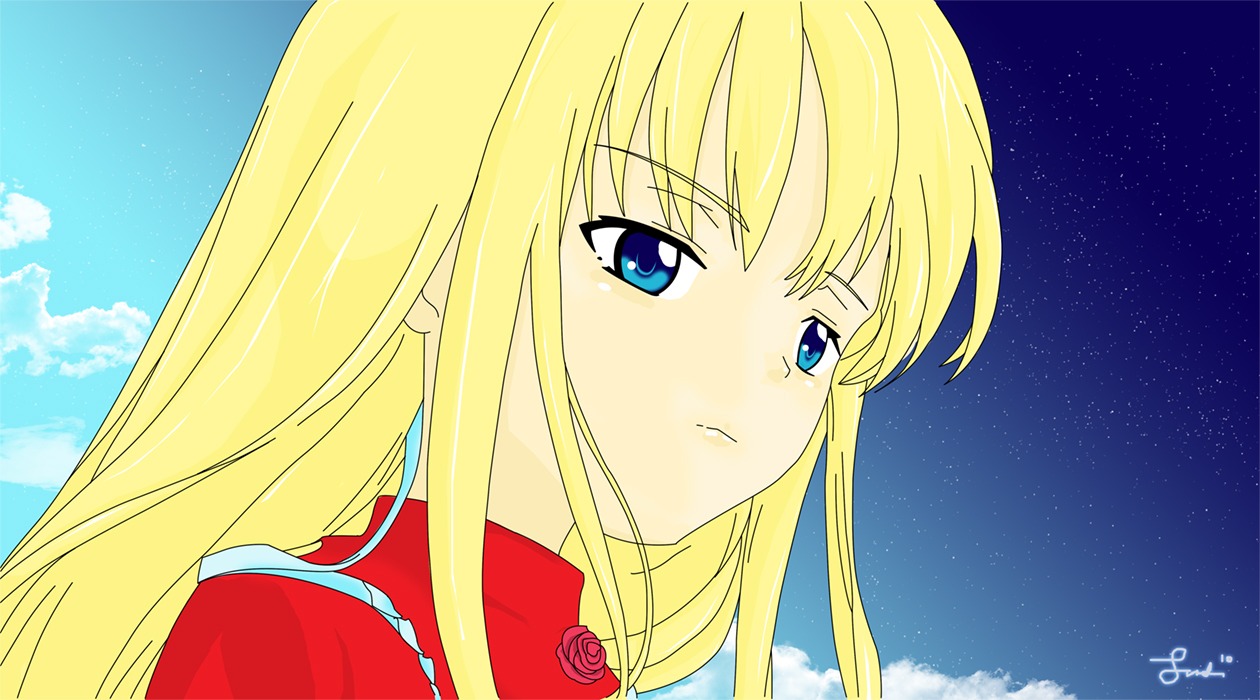 1girl bangs blonde_hair blue_eyes cloud flower image long_hair night_sky portrait rose shinku sky solo space star_(sky) starry_sky