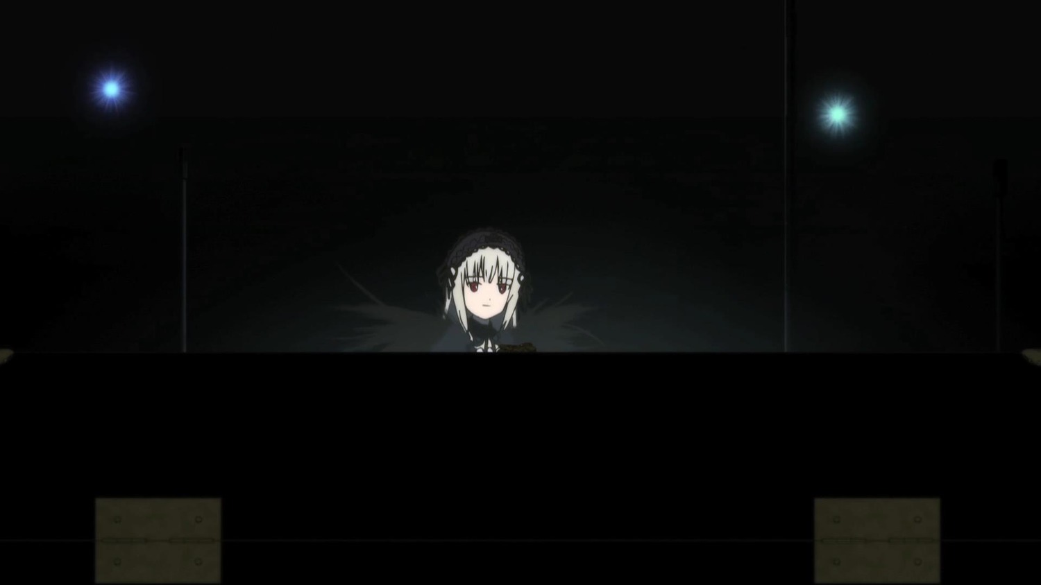 1girl bangs black_background black_ribbon brown_eyes closed_mouth dress hair_ribbon image looking_at_viewer ribbon silver_hair solo suigintou