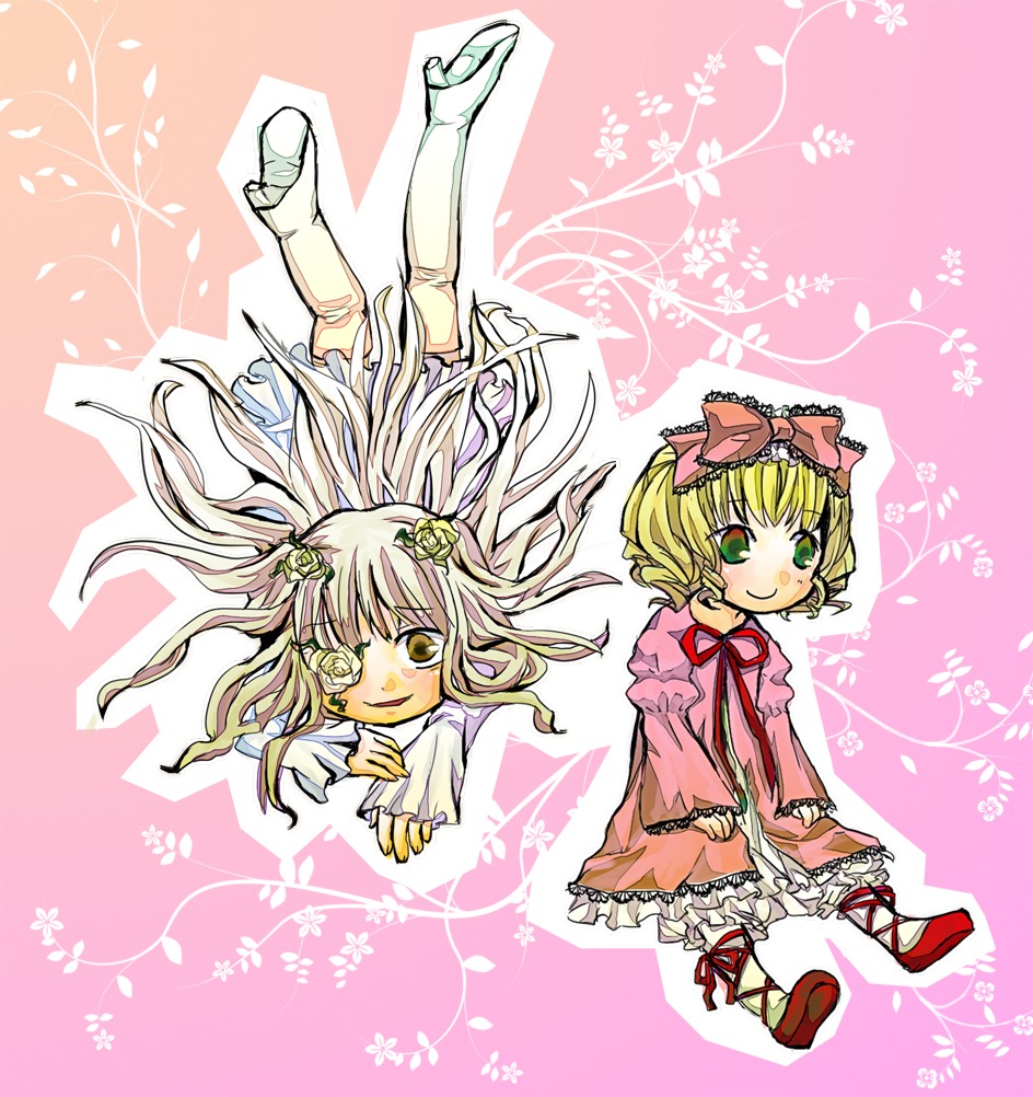 2girls blonde_hair blush boots bow cross-laced_footwear dress eyepatch flower frills full_body green_eyes hina_ichigo hinaichigo image kirakishou long_hair long_sleeves looking_at_viewer multiple_girls pair pink_background pink_bow pink_dress ribbon short_hair smile white_legwear yellow_eyes