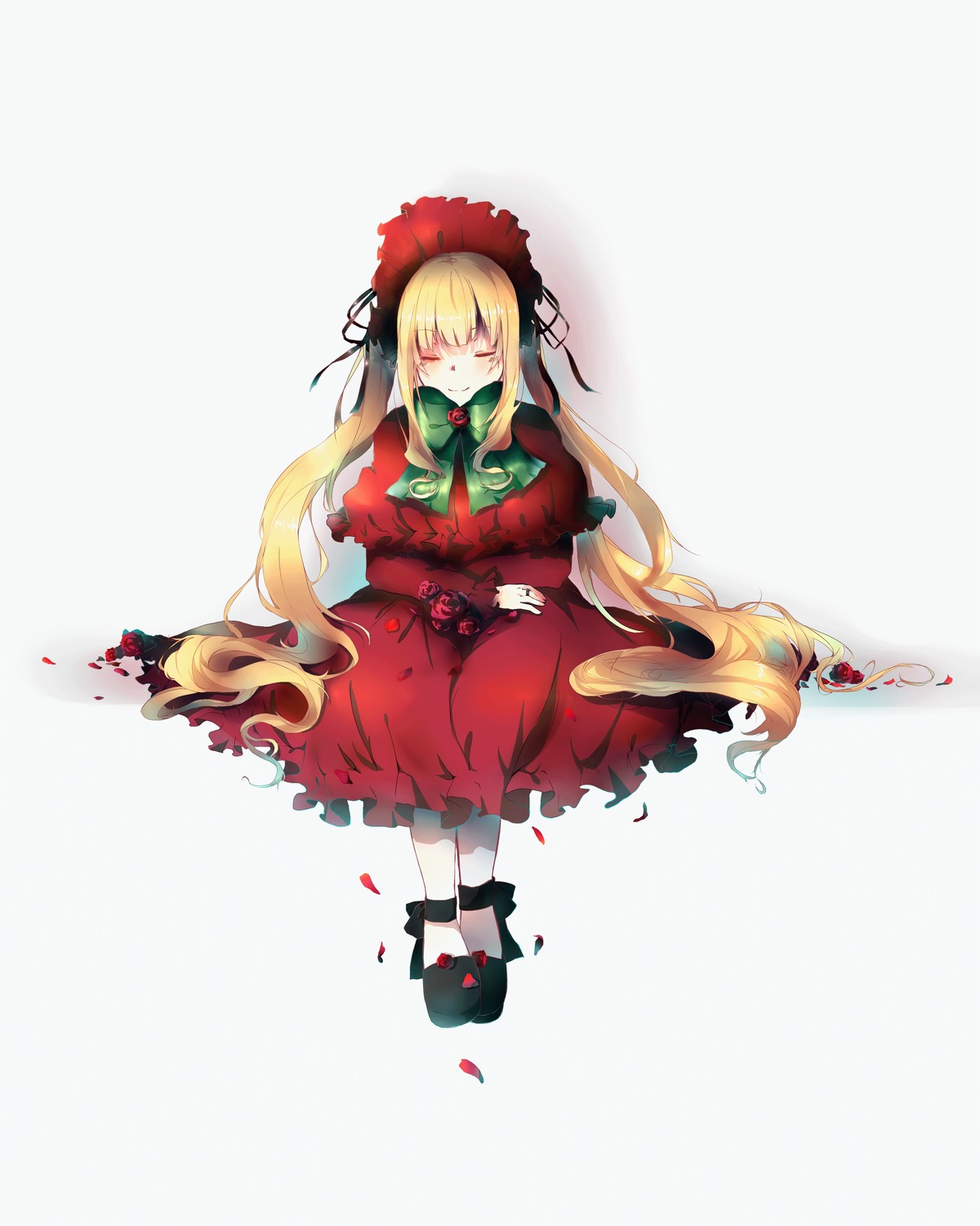 1girl blonde_hair blood bonnet bow closed_eyes dress flower image long_hair petals red_capelet ribbon shinku sleeping solo twintails very_long_hair