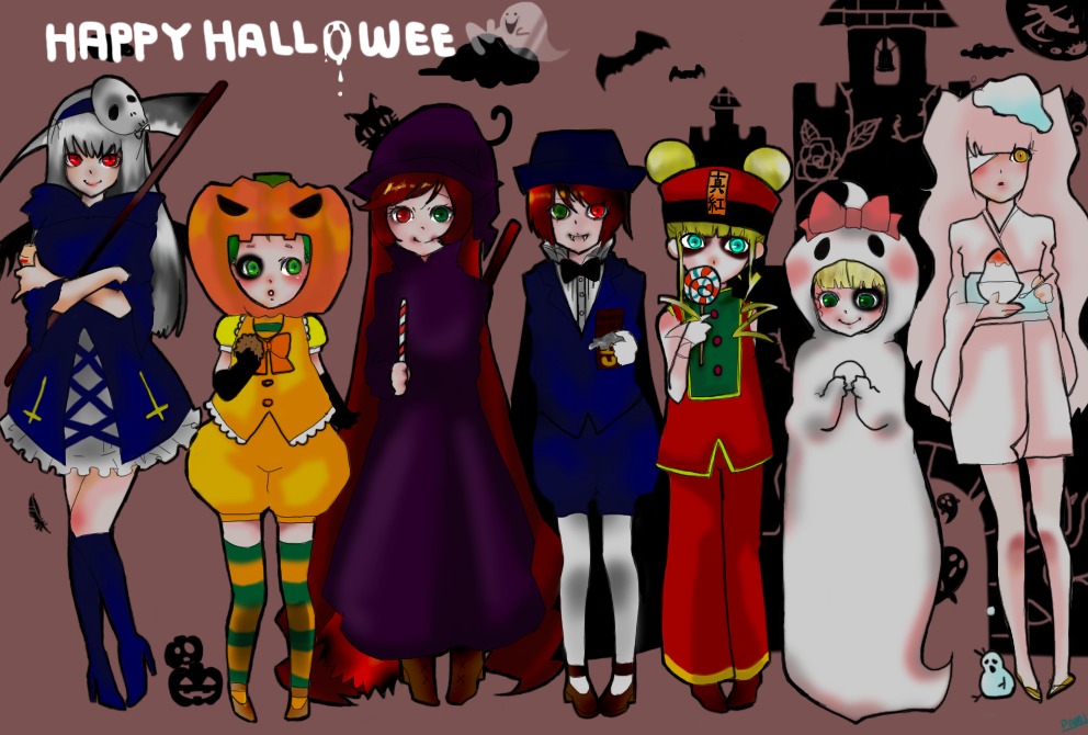 dress ghost green_eyes halloween hat hood image jack-o'-lantern multiple multiple_girls pumpkin red_eyes short_hair striped_legwear tagme vampire witch_hat