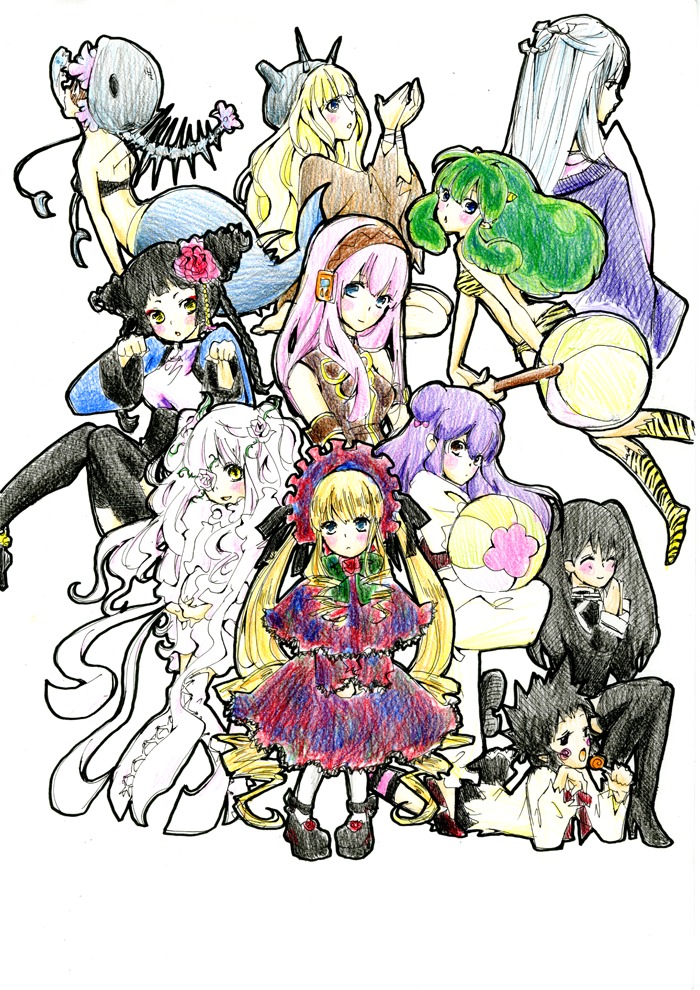 6+girls ball black_hair blonde_hair blue_eyes bonnet dress fan flower green_hair hair_ornament hat image long_hair multiple multiple_girls pink_hair shinku smile tagme twintails very_long_hair yellow_eyes