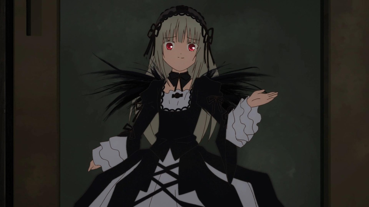 1girl bangs black_dress black_ribbon black_wings closed_mouth dress frills hairband image juliet_sleeves long_hair long_sleeves looking_at_viewer red_eyes ribbon silver_hair solo suigintou wide_sleeves wings