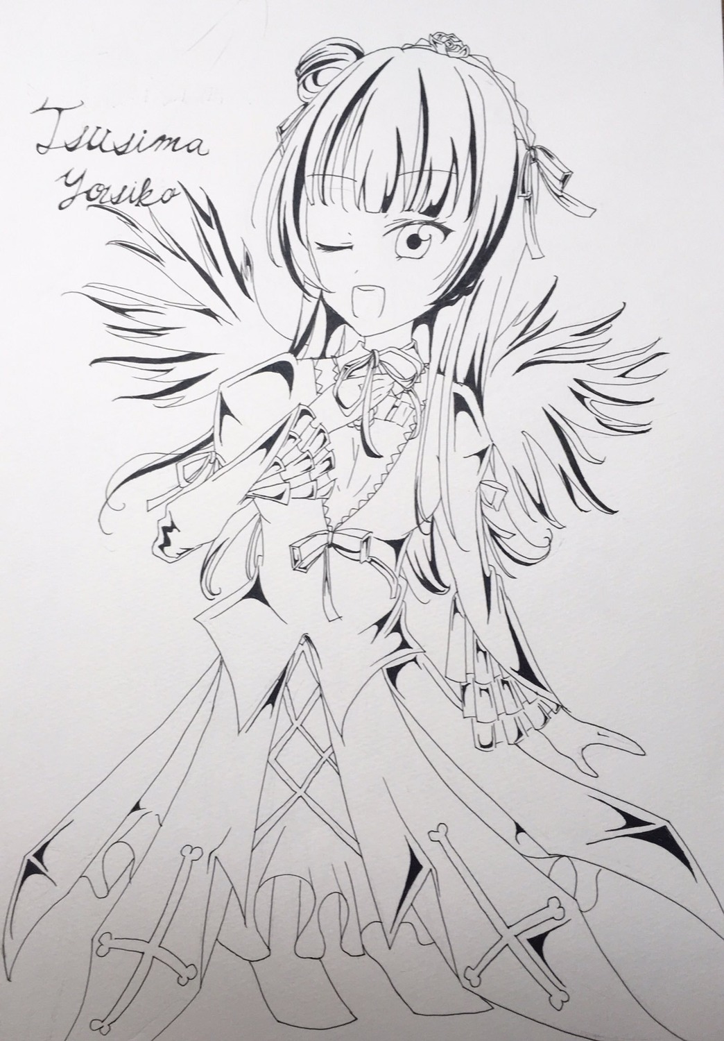 1girl ;d character_name dress greyscale image long_hair looking_at_viewer monochrome one_eye_closed open_mouth ribbon smile solo suigintou traditional_media
