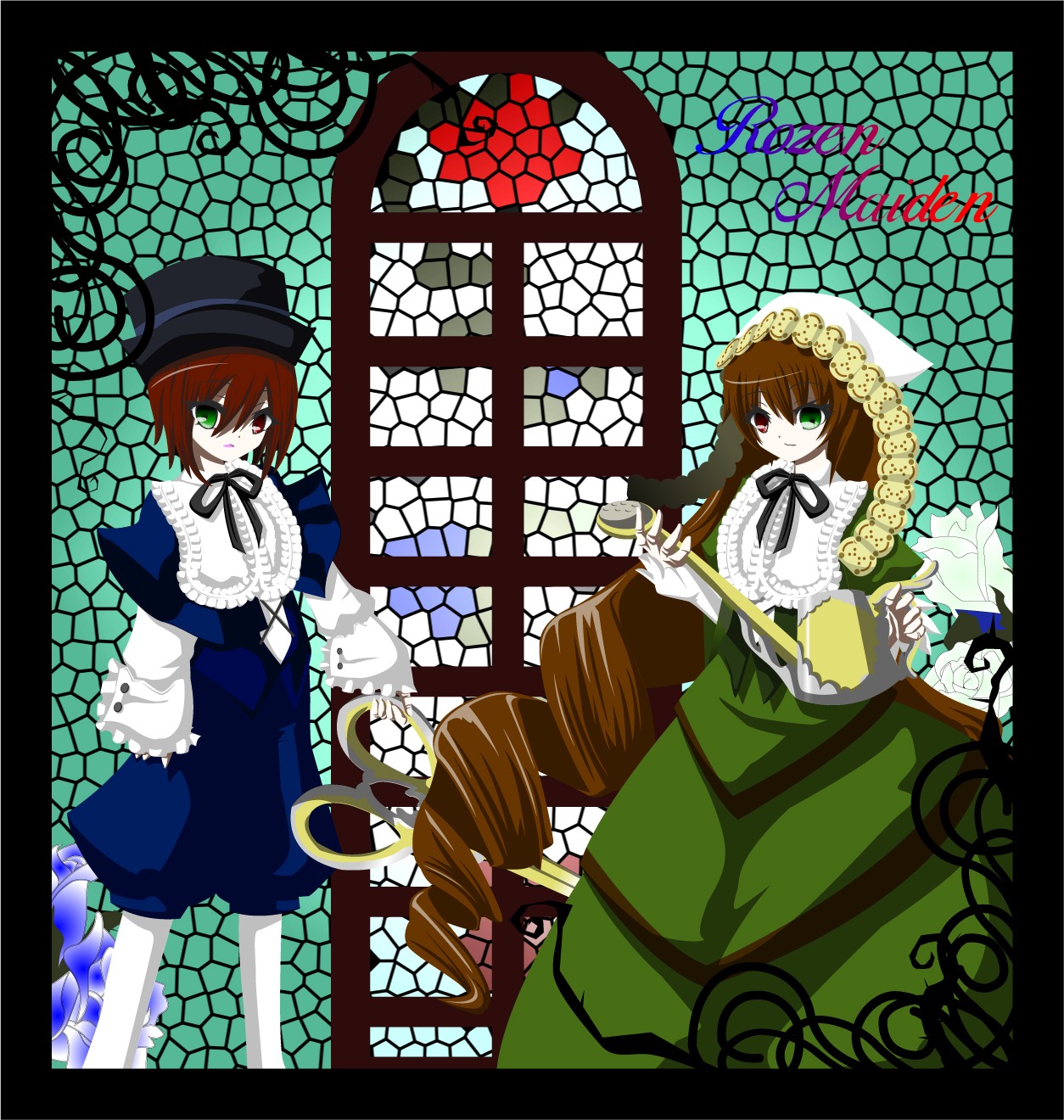3girls brown_hair chain-link_fence dress fence frills green_dress green_eyes hat heterochromia hexagon honeycomb_(pattern) honeycomb_background image letterboxed long_hair long_sleeves looking_at_viewer multiple_girls pair red_eyes short_hair siblings sisters souseiseki stained_glass suiseiseki tiles twins very_long_hair watering_can