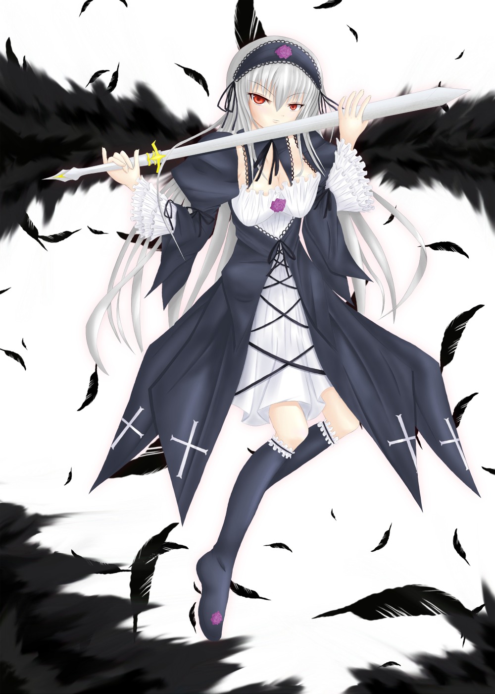 1girl bird black_feathers black_legwear black_wings dress feathers flower frills hairband holding image long_hair long_sleeves looking_at_viewer red_eyes ribbon rose silver_hair solo suigintou thighhighs very_long_hair weapon white_feathers wings